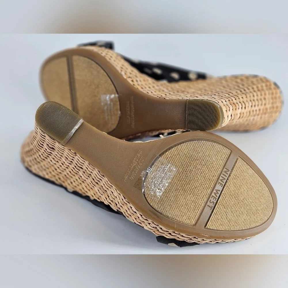 NEW Nine West Women's HARPEL Black & Tan DOTS Platform Wedge Sandal Size 7.5 M